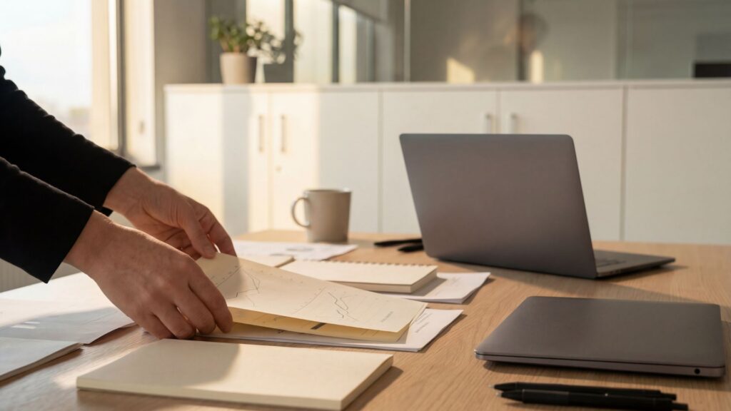 Arbeitsplatz mit Laptop und Unterlagen während eines Mentorings